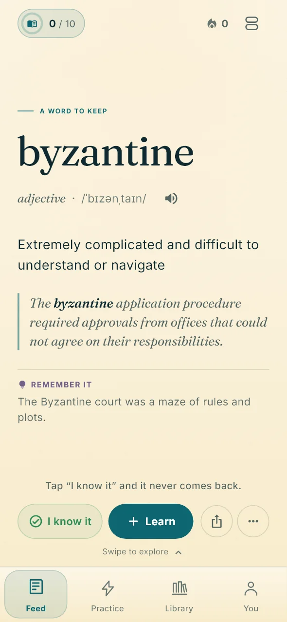 The WordShine feed showing the word “poignant”: its meaning, an example sentence and a memory trick, with “I know it” and “Learn” buttons.