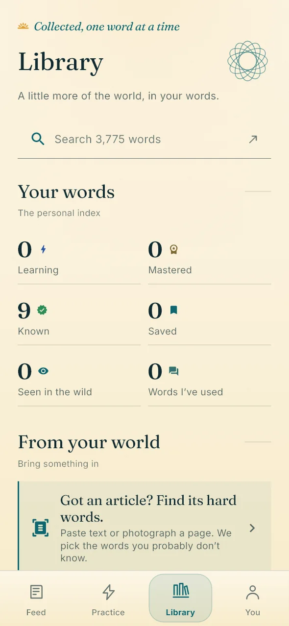 The library: a search box, counts of words learning, mastered and known, and an option to find the hard words in an article.