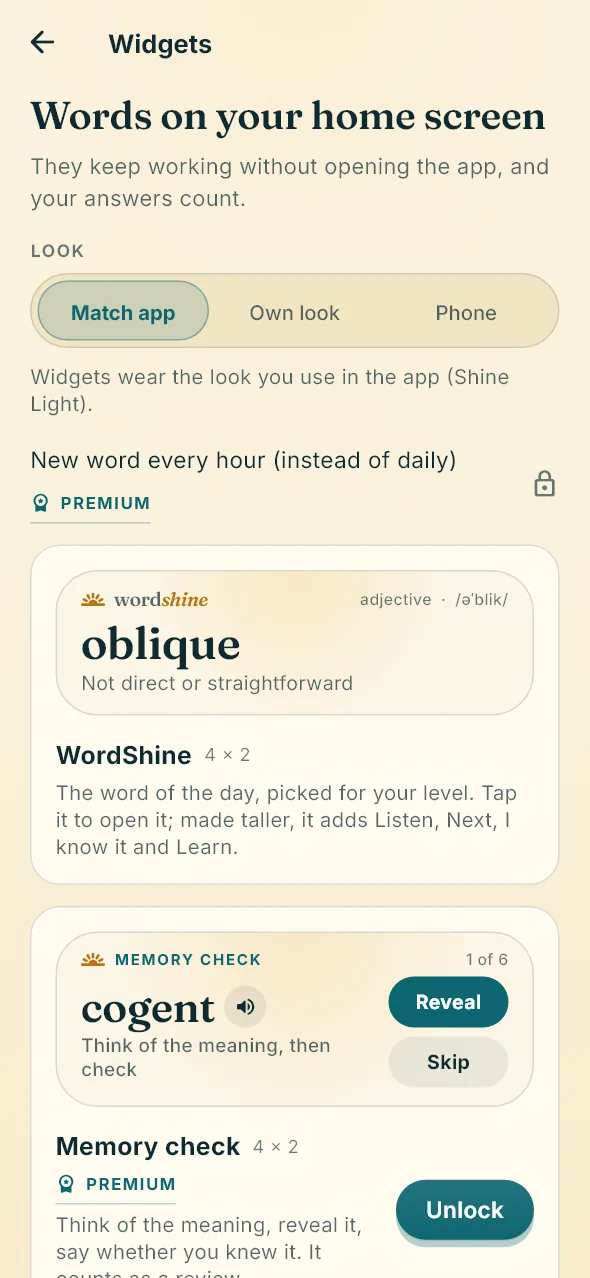 The widgets screen with a word-of-the-day widget showing “oblique” and a memory-check widget.