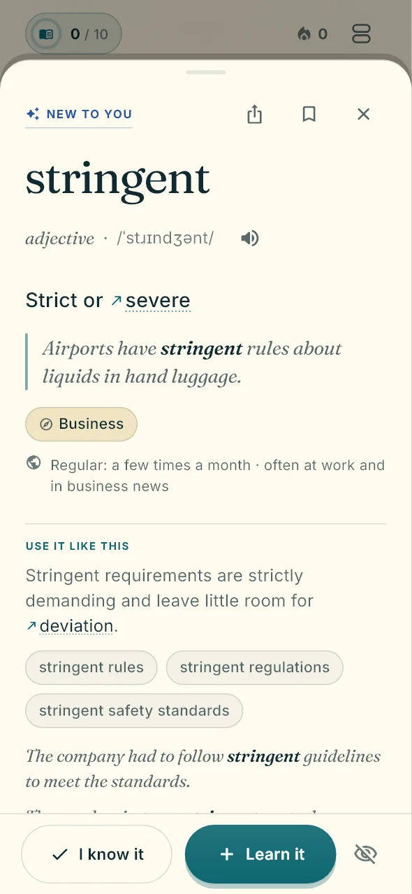 A word page for “conduit” with its meaning, an example, common phrases such as “a conduit for” and a “Learn it” button.